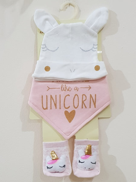 " Unicorn" 3 Pcs Set - Cap, Bandana Bib & 3 D Socks